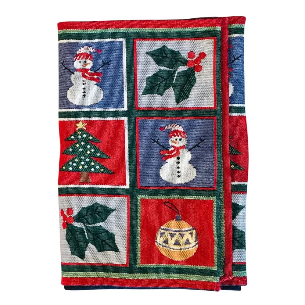 Christmas Tapestry Table Runner 72x13 Cotton Snowman Santa Holly by Holiday Home